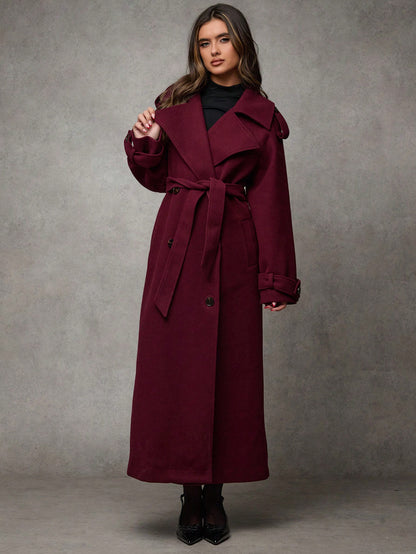 Women’s Long Wool Blend Coat – Elegant Double-Breasted Trench with Belted Waist