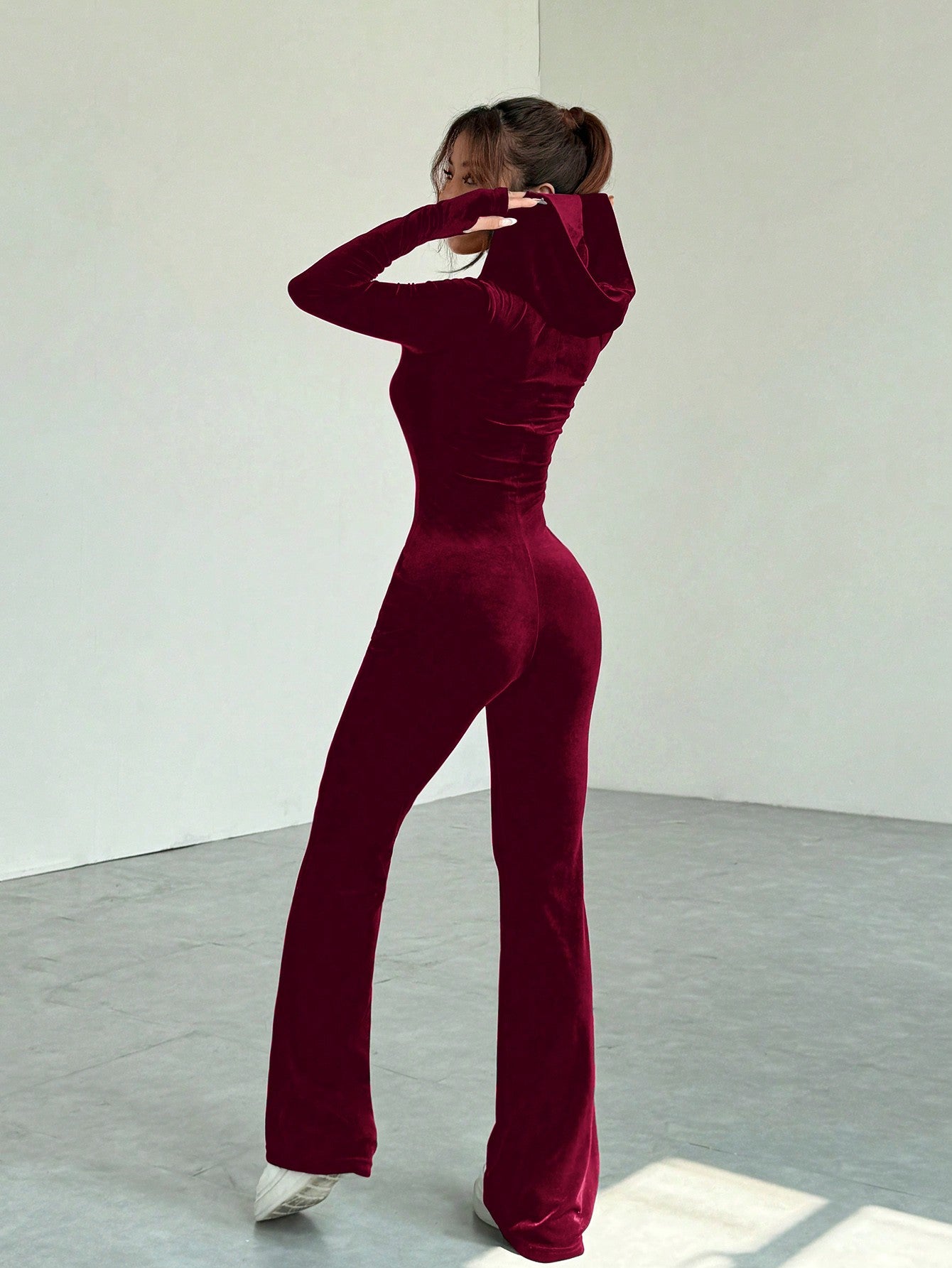 Women’s Velvet Slim Fit Jumpsuit – Deep V-Neck Long Sleeve Stretch One-Piece