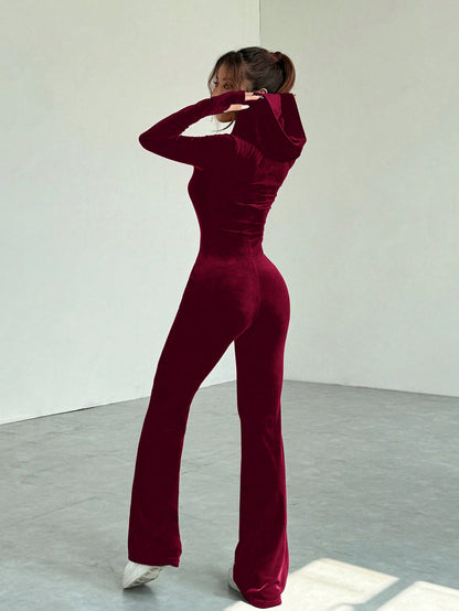 Women’s Velvet Slim Fit Jumpsuit – Deep V-Neck Long Sleeve Stretch One-Piece