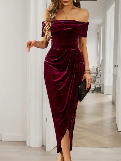 Women’s Elegant Velvet Off-Shoulder Midi Dress – Slim Fit Party Dress with Draped Waist
