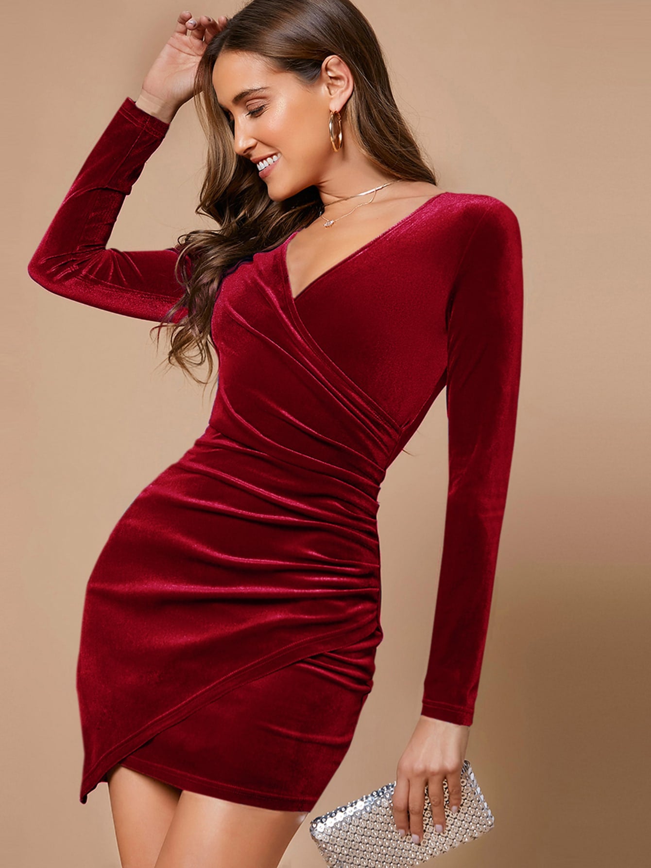 Women’s Velvet Wrap Dress – Ruched Long Sleeve Bodycon Party Dress