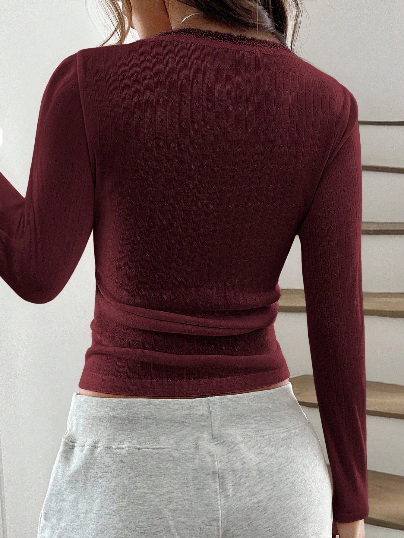 Women’s Lace Trim Long Sleeve Button Top – Slim Fit Ribbed Knit Tee