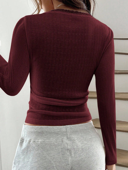 Women’s Lace Trim Long Sleeve Button Top – Slim Fit Ribbed Knit Tee