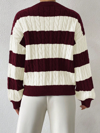 Women’s Two-Tone Cable Knit Sweater Soft Striped Pullover for Winter