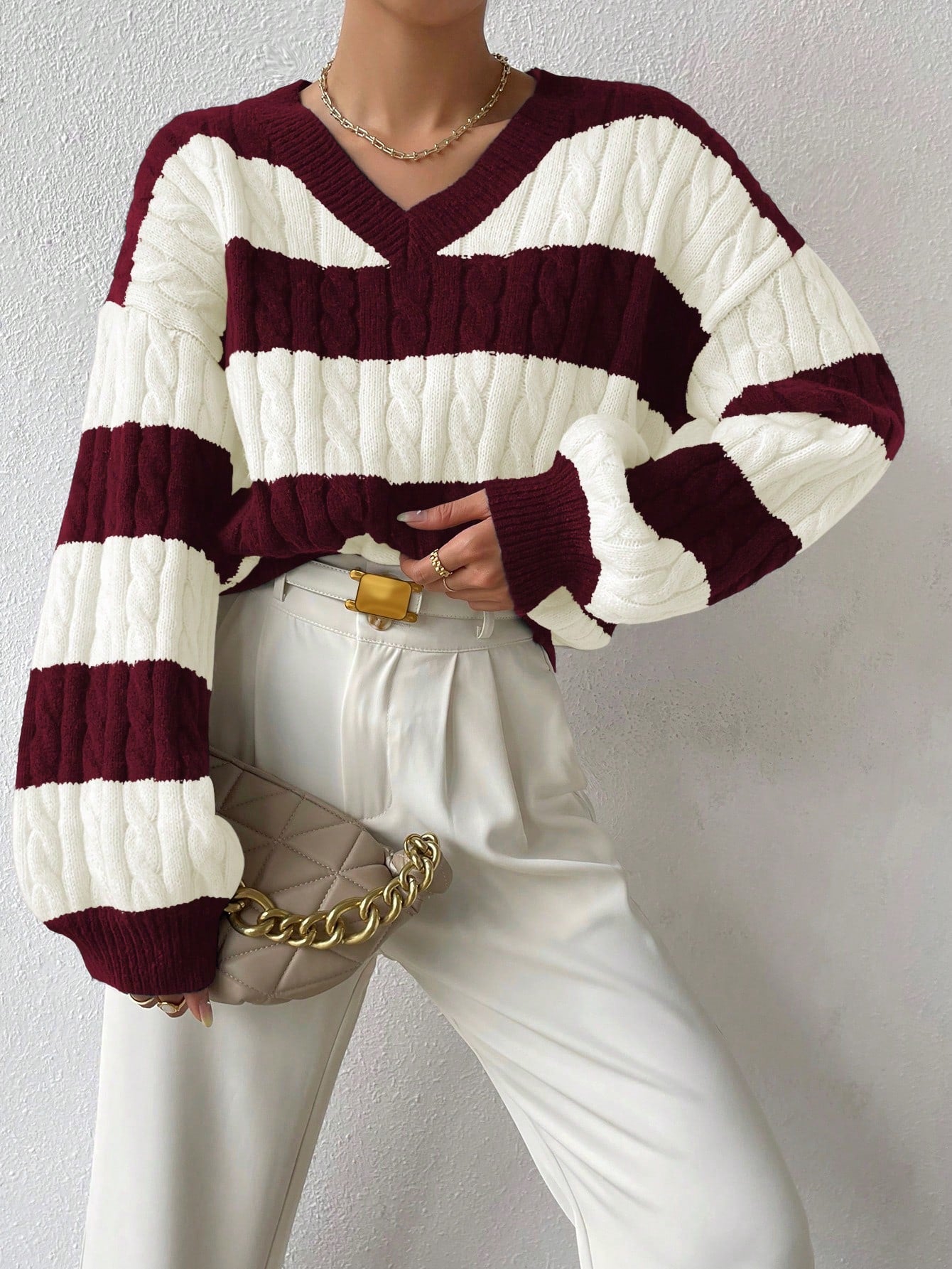 Women’s Two-Tone Cable Knit Sweater Soft Striped Pullover for Winter