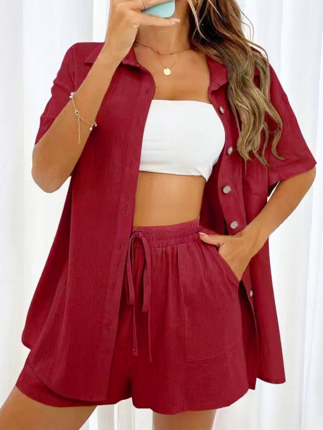 Women's Casual Two-Piece Set: Breathable Short Sleeve Blouse & Drawstring Shorts Outfit