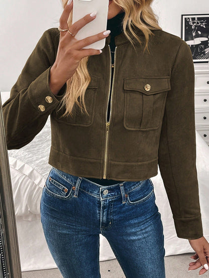 Women’s Black Military-Style Jacket – Short Zip Front Coat