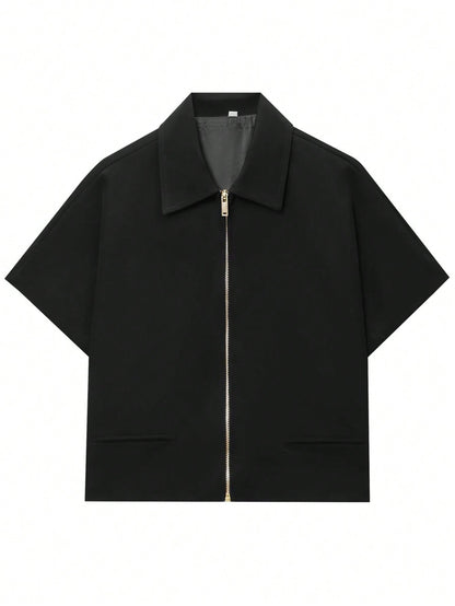 Women’s Short Sleeve Zip-Up Jacket – Casual Cropped Top with Pockets