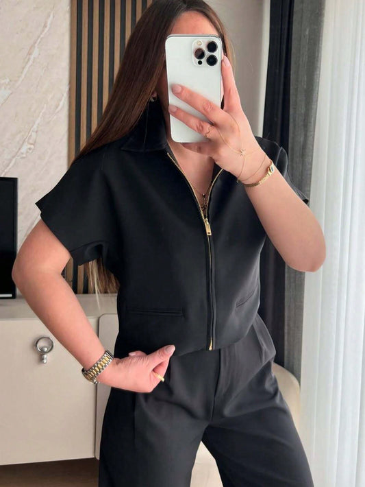 Women’s Short Sleeve Zip-Up Jacket – Casual Cropped Top with Pockets