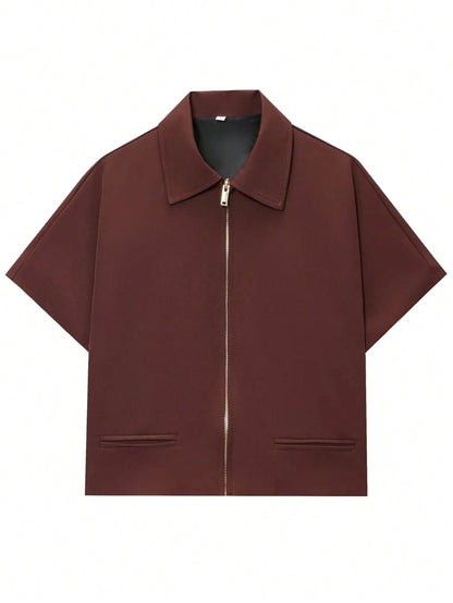 Women’s Short Sleeve Zip-Up Jacket – Casual Cropped Top with Pockets