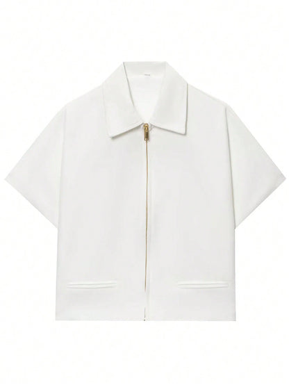 Women’s Short Sleeve Zip-Up Jacket – Casual Cropped Top with Pockets