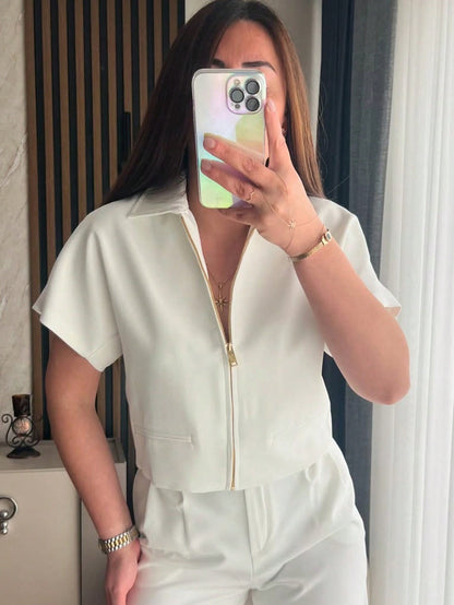 Women’s Short Sleeve Zip-Up Jacket – Casual Cropped Top with Pockets