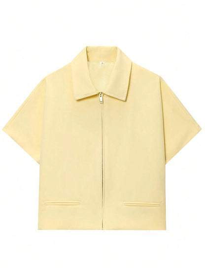 Women’s Short Sleeve Zip-Up Jacket – Casual Cropped Top with Pockets