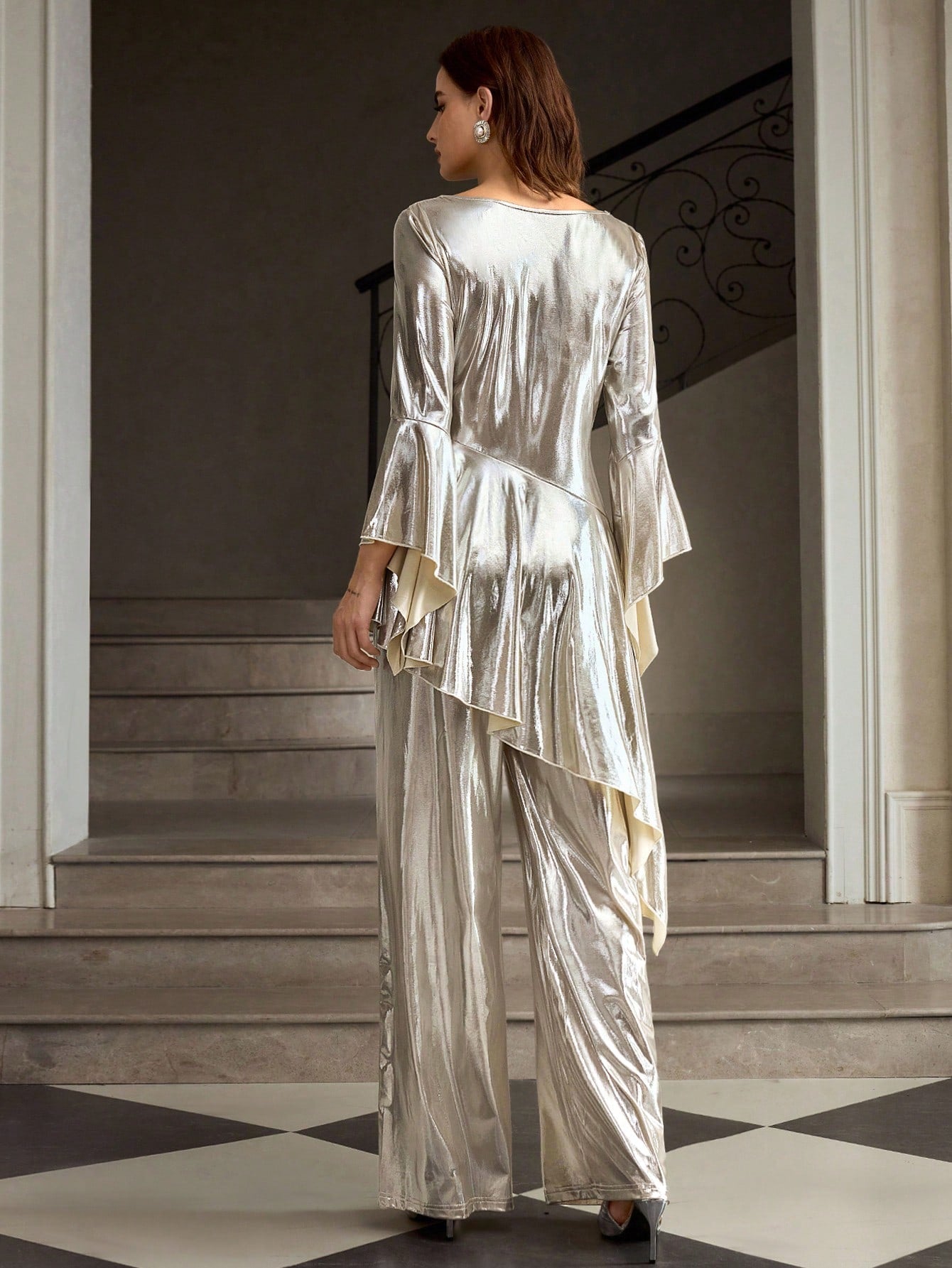Metallic bell sleeve top and pants set for women Nushes 