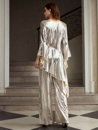 Metallic bell sleeve top and pants set for women Nushes 