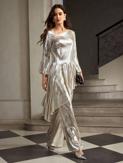 Metallic bell sleeve top and pants set for women Nushes 