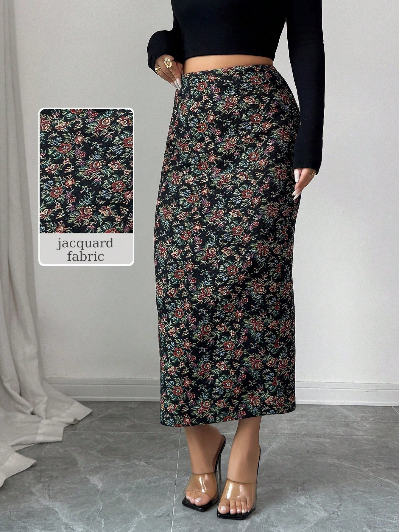 Women’s Elegant Jacquard Bodycon Midi Skirt – High Waist Floral Texture Skirt