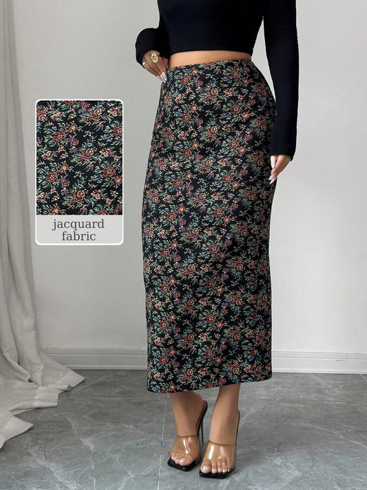 Women’s Elegant Jacquard Bodycon Midi Skirt – High Waist Floral Texture Skirt