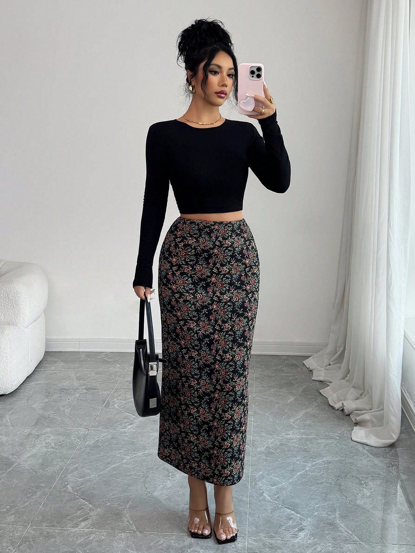 Women’s Elegant Jacquard Bodycon Midi Skirt – High Waist Floral Texture Skirt