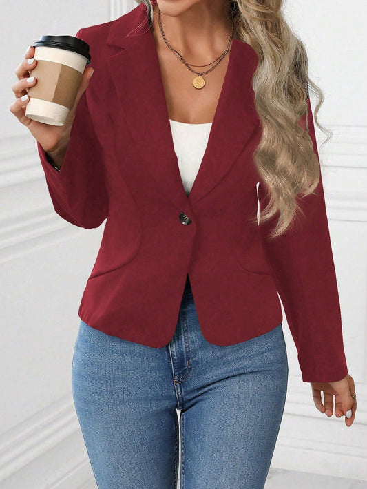 Women’s brown long sleeve blazer with single button and notched lapel, casual elegant office jacket by Nushes.