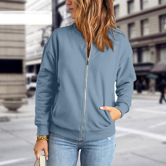 Women's Lightweight Casual Zip-Up Bomber Jacket with Ribbed Trims