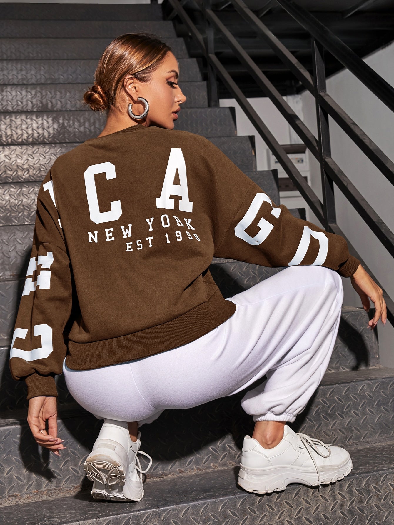 Women’s Oversized Thermal Sweatshirt with Letter Print
