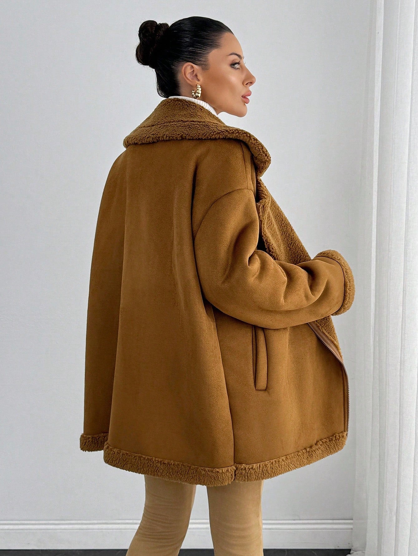 Warm suede camel coat with teddy collar for women nushes 