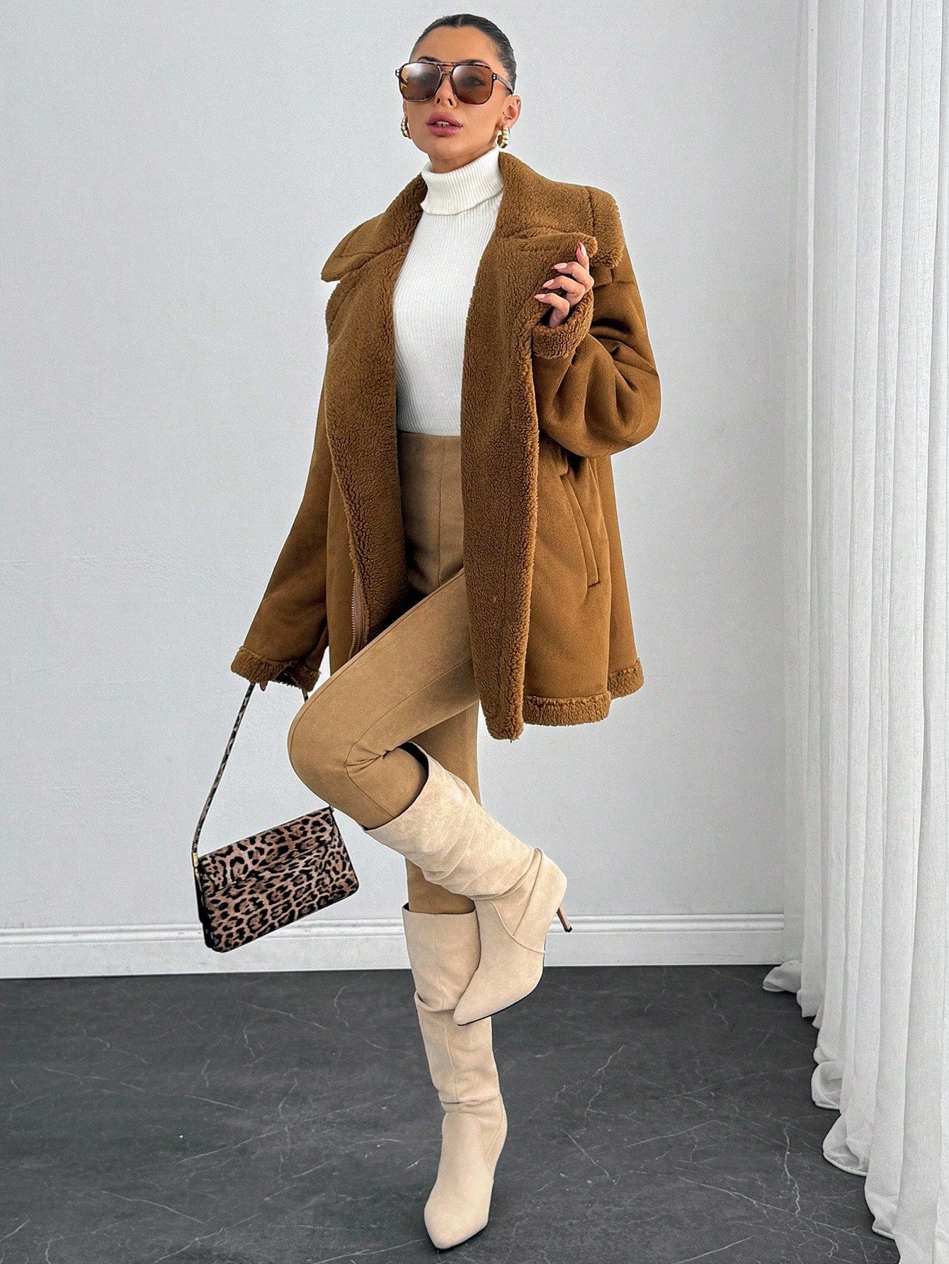 Warm suede camel coat with teddy collar for women nushes 