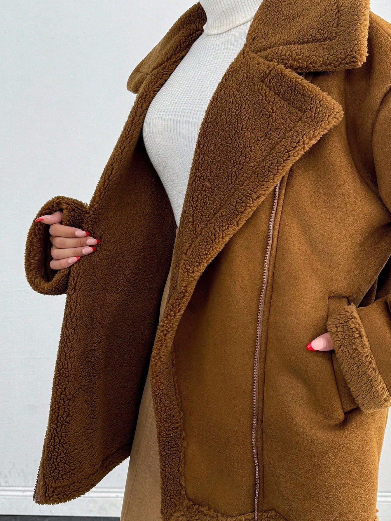 Warm suede camel coat with teddy collar for women nushes 