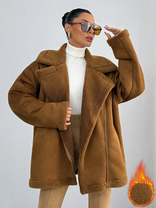 Warm suede camel coat with teddy collar for women nushes 