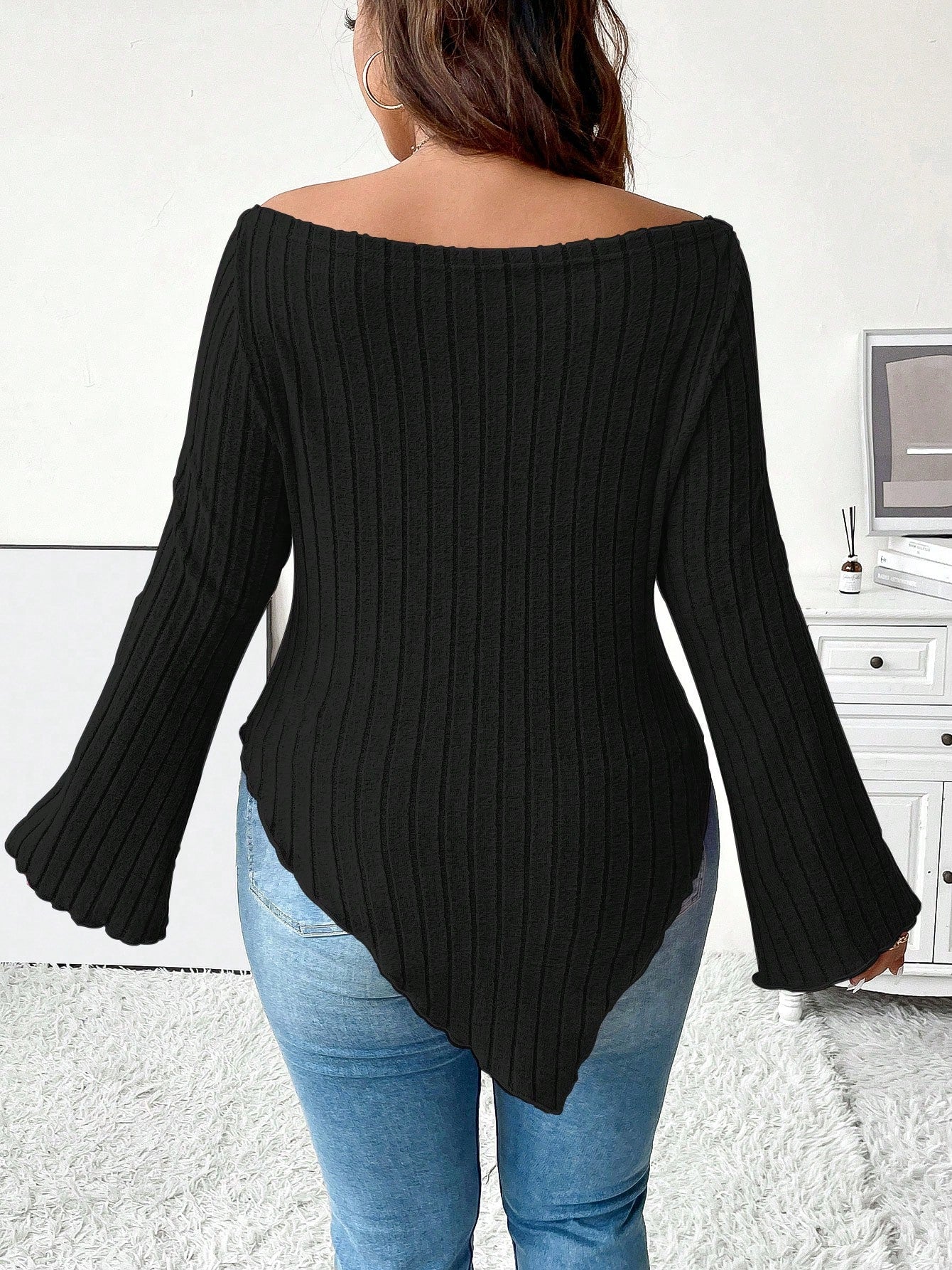 Women’s Plus Size Off-Shoulder Ribbed Knit Sweater – Asymmetrical Hem Long Sleeve Top