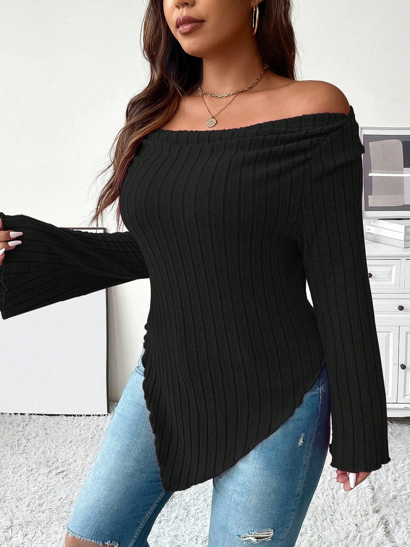 Women’s Plus Size Off-Shoulder Ribbed Knit Sweater – Asymmetrical Hem Long Sleeve Top