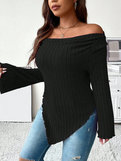 Women’s Plus Size Off-Shoulder Ribbed Knit Sweater – Asymmetrical Hem Long Sleeve Top