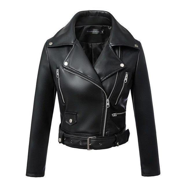 Veste Moto Femme Avec Ceinture et Fermeture Éclair - Similicuir Noir