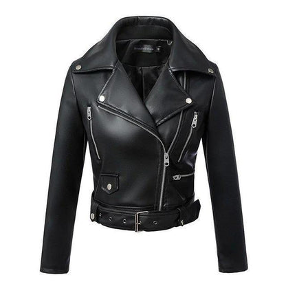 Veste Moto Femme Avec Ceinture et Fermeture Éclair - Similicuir Noir