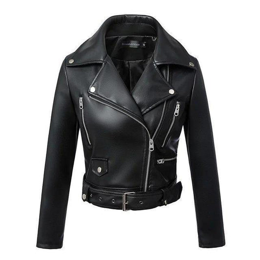 Veste Moto Femme avec Ceinture et Fermeture Éclair – Similicuir Noir