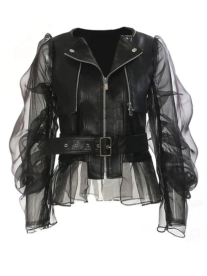 Veste femme en similicuir - Manches Volantes Transparentes - Taille Ceinturée - Fermeture Zippée