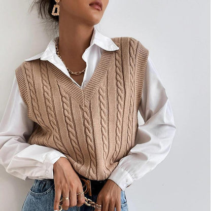 Pull Sans Manches en Maille Torsadée à Col V pour Femme