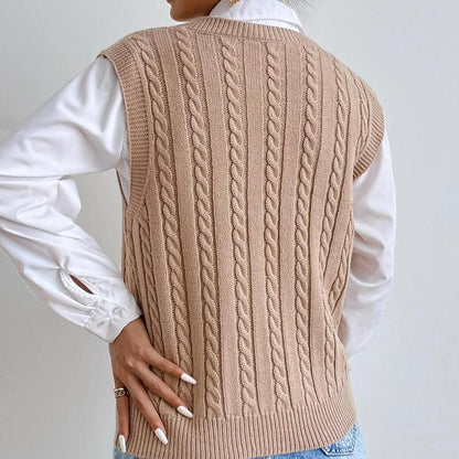 Pull Sans Manches en Maille Torsadée à Col V pour Femme