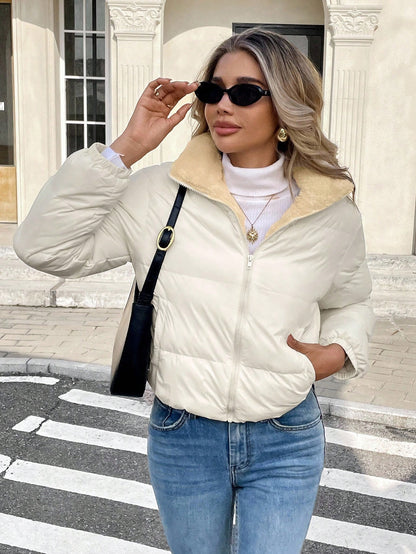 Women’s Thermal Lined Winter Jacket – Zip Front Stand Collar Puffer Coat