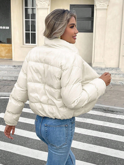 Women’s Thermal Lined Winter Jacket – Zip Front Stand Collar Puffer Coat