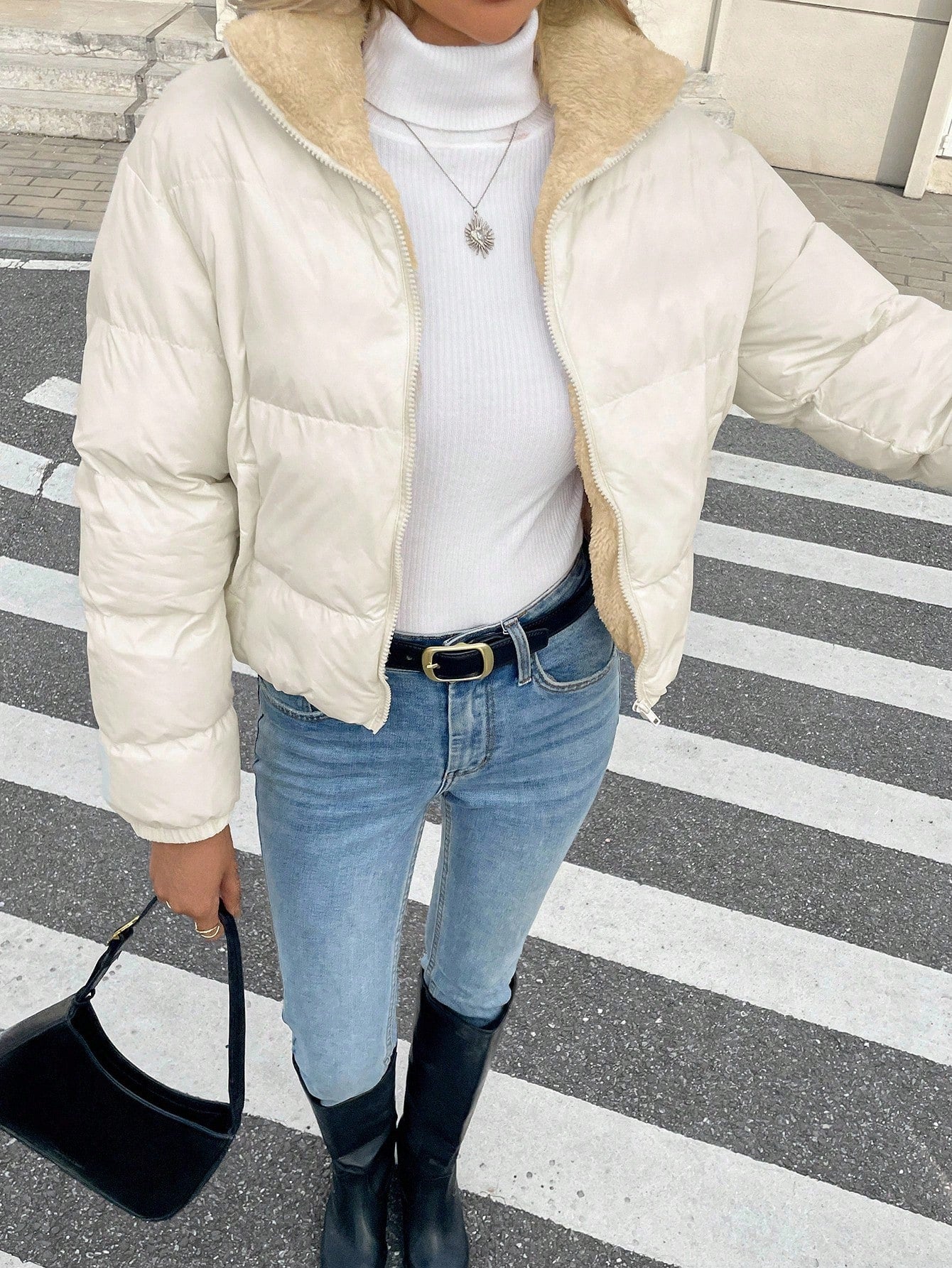 Women’s Thermal Lined Winter Jacket – Zip Front Stand Collar Puffer Coat