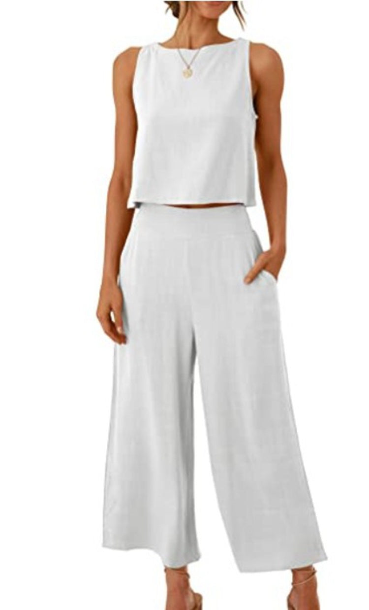 Women's Set - Sleeveless Vest and High Waist Wide Leg Pants