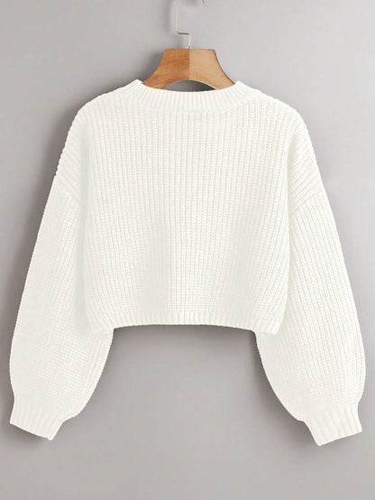 Women's Drop Shoulder Knit Sweater – Cozy Rib-Knit Long Sleeve Pullover