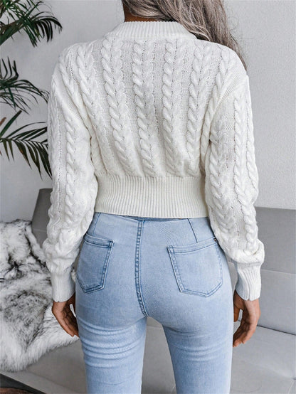 Women’s Cable-Knit Cropped Sweater – Round Neck Long Sleeve Ribbed Pullover