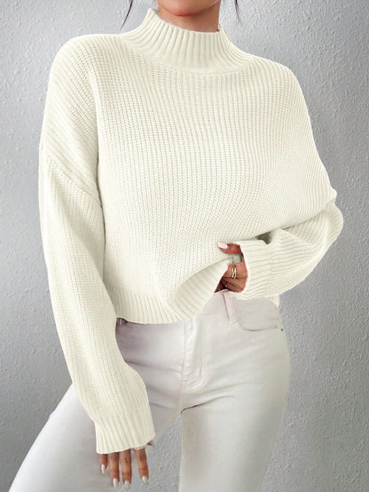 Women’s Ribbed Knit Sweater Cozy Casual Pullover with Long Sleeves & High Neck