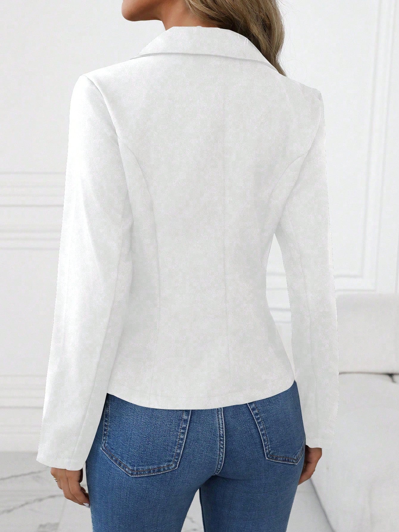 Women’s brown long sleeve blazer with single button and notched lapel, casual elegant office jacket by Nushes.