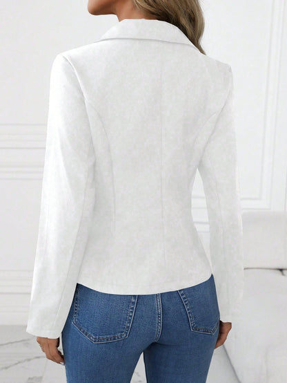 Women’s brown long sleeve blazer with single button and notched lapel, casual elegant office jacket by Nushes.