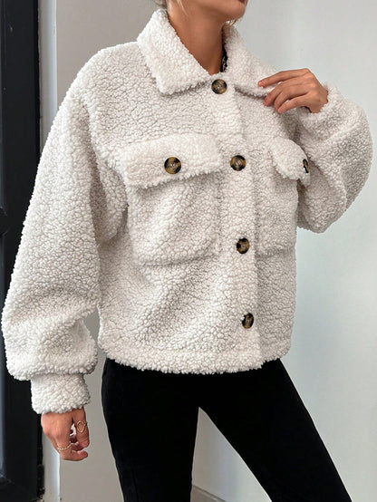 Women’s Oversized Fleece Jacket – Soft Sherpa Button-Up Coat with Pockets