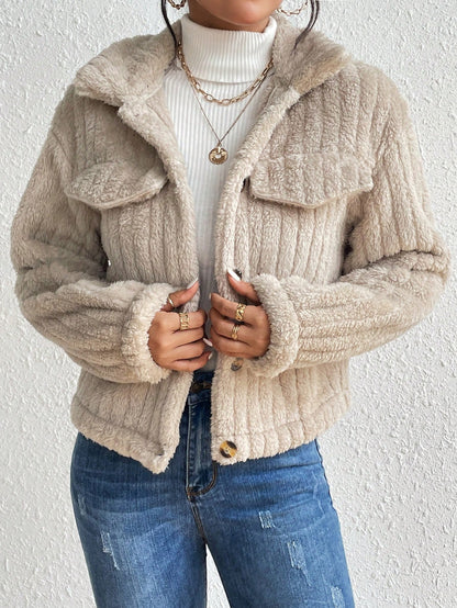 Women’s Plush Short Jacket Soft Casual Winter Coat with Long Sleeves
